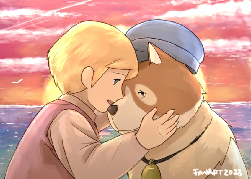 1boy a_dog_of_flanders bell blonde_hair blue_eyes blue_hat cloud dated dog eye_contact hat looking_at_another male_focus neck_bell nello_(a_dog_of_flanders) ocean open_mouth outdoors petrasche_(a_dog_of_flanders) pocco1224 red_sky short_hair sky solo sunrise water