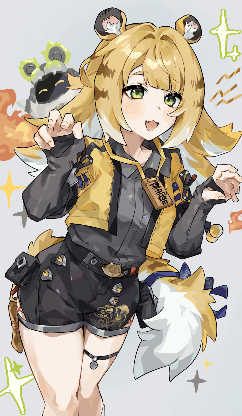 1girl absurdres animal_ear_fluff animal_ears bangboo_(zenless_zone_zero) belion_(zenless_zone_zero) black_gloves bow claw_pose collared_shirt cowboy_shot elbow_gloves fingerless_gloves fufu gloves green_eyes grey_shirt high-waist_shorts highres jacket ju_fufu long_hair orange_fur shirt shorts smile striped_fur tail tail_bow tail_ornament thigh_strap tiger_ears tiger_girl tiger_stripes tiger_tail yellow_jacket zenless_zone_zero