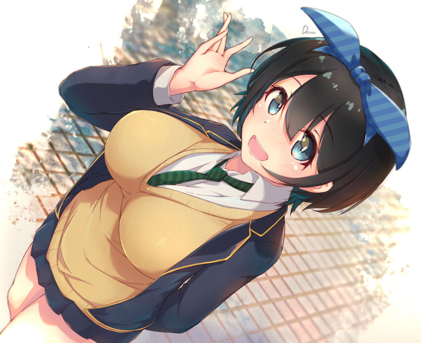 1girl black_hair black_jacket black_skirt blazer blue_eyes breasts cardigan commentary_request dermar dutch_angle green_necktie hair_between_eyes hair_ribbon highres jacket kanojo_okarishimasu large_breasts long_sleeves looking_at_viewer necktie open_clothes open_mouth outdoors pleated_skirt revision ribbon sarashina_ruka short_hair signature skirt smile solo standing tile_floor tiles yellow_cardigan