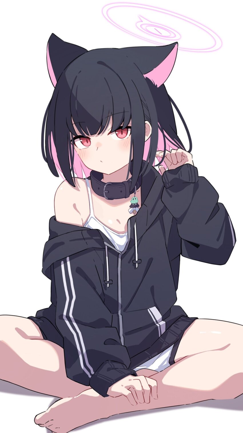 1girl animal_collar animal_ears black_hair black_jacket blue_archive camisole cat_ears collar colored_inner_animal_ears colored_inner_hair commentary_request drawstring extra_ears halo highres jacket kazusa_(blue_archive) looking_at_viewer medium_hair mikokomiyazawa multicolored_hair pink_hair pink_halo red_eyes simple_background solo two-tone_hair white_camisole
