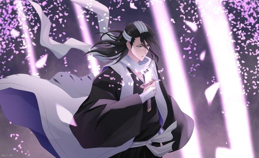 1boy 2024 absurdres bankai black_hair black_kimono bleach closed_mouth commentary_request cowboy_shot dated_commentary falling_petals fighting_stance floating_clothes floating_hair hair_between_eyes hand_up haori highres holding holding_sword holding_weapon japanese_clothes kimono kuchiki_byakuya kuni_929 long_sleeves looking_ahead male_focus mature_male petals purple_eyes senbonzakura_kageyoshi_(bankai) serious solo sword taichou_haori tsurime v-shaped_eyebrows weapon wide_sleeves