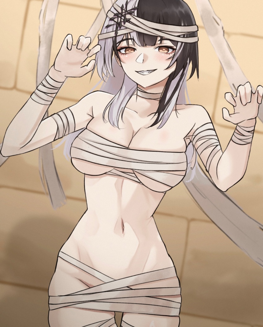 1girl alternate_costume bandaged_head bandages black_hair breasts claw_pose grey_hair hashtag-only_commentary highres hololive hololive_english large_breasts long_hair looking_at_viewer multicolored_hair mummy_costume naked_bandage navel nurizza_ilst shiori_novella solo split-color_hair teeth two-tone_hair virtual_youtuber yellow_eyes