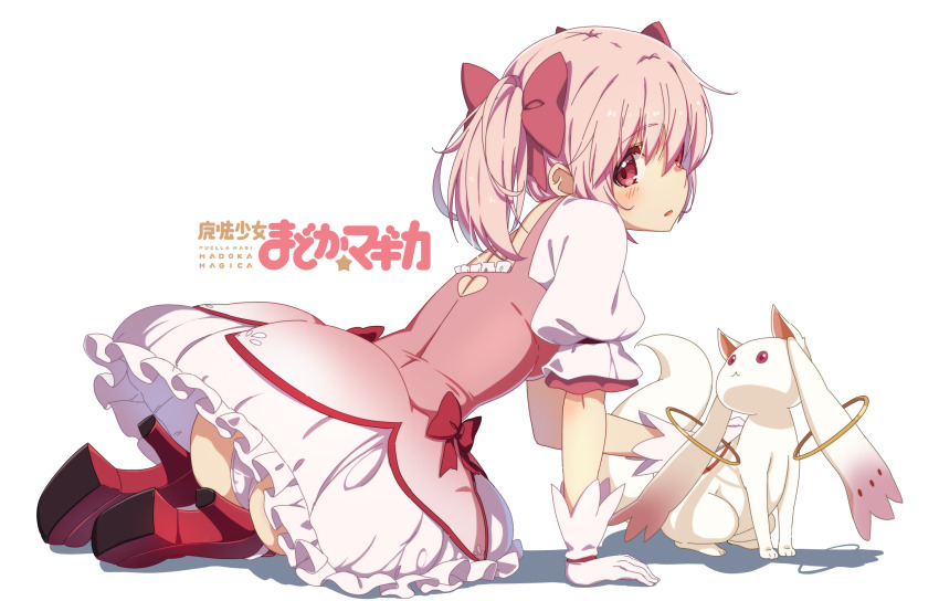 1girl arm_support ass back_cutout bad_id bad_pixiv_id bow bubble_skirt clothing_cutout copyright_name creature expressionless frilled_skirt frilled_sleeves frills full_body gloves hair_over_one_eye hair_ribbon heart_cutout high_heels highres kaname_madoka kaname_madoka_(magical_girl) kyubey light_blush looking_at_viewer looking_back mahou_shoujo_madoka_magica mahou_shoujo_madoka_magica_(anime) on_ground panties parted_lips pink_eyes pink_hair pink_ribbon platform_shoes puffy_sleeves red_bow red_shoes ribbon sando_(dukedevil) seiza shadow shoe_soles shoes shoulder_blades simple_background sitting skirt solo twintails underwear waist_bow white_background white_gloves white_panties white_skirt yokozuwari