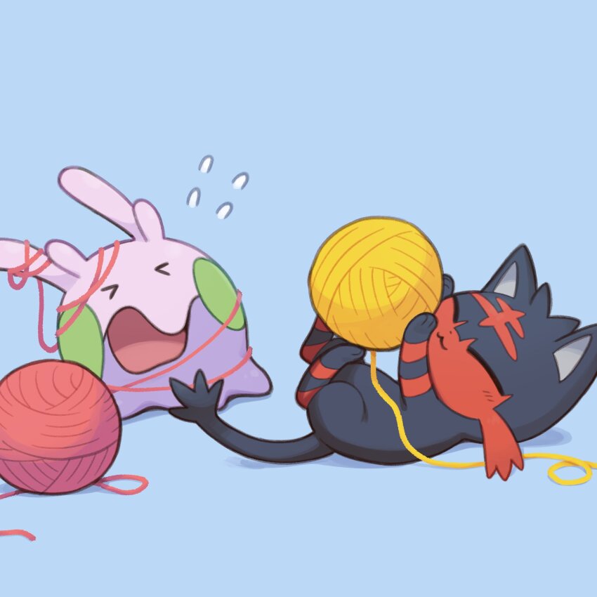 &gt;_&lt; :3 blue_background cat closed_eyes closed_mouth flying_sweatdrops gen_6_pokemon gen_7_pokemon goomy highres litten lying nintendo no_humans numera_goomy on_back open_mouth pokemon pokemon_(creature) simple_background yarn yarn_ball