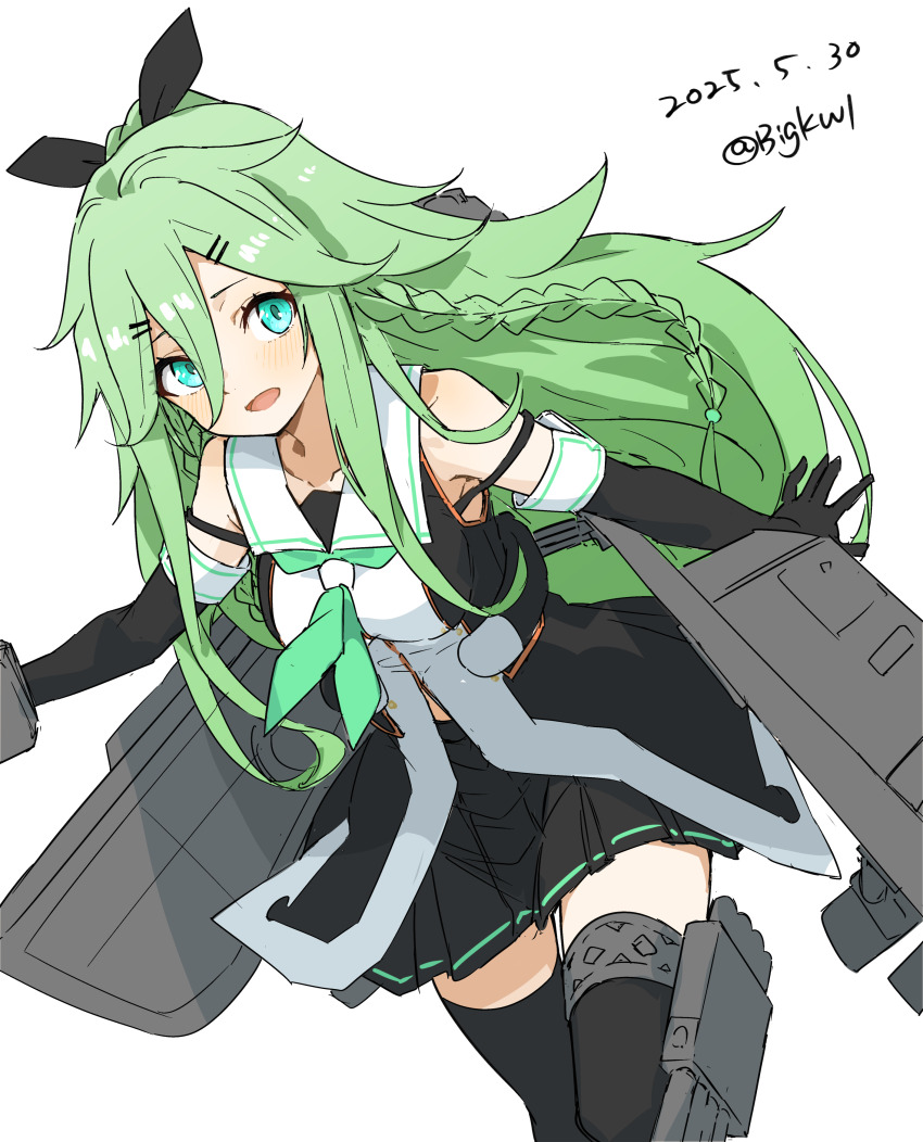 1girl absurdres adapted_turret bigkwl black_gloves black_ribbon black_serafuku blush braid breasts elbow_gloves gloves green_eyes green_hair green_neckerchief hair_between_eyes hair_flaps hair_ornament hair_ribbon hairclip highres holding holding_turret kantai_collection long_hair machinery neckerchief ponytail ribbon rigging school_uniform serafuku ship_turret side_braids solo torpedo torpedo_launcher torpedo_tubes turret twin_braids yamakaze_(kancolle) yamakaze_kai_ni_(kancolle)