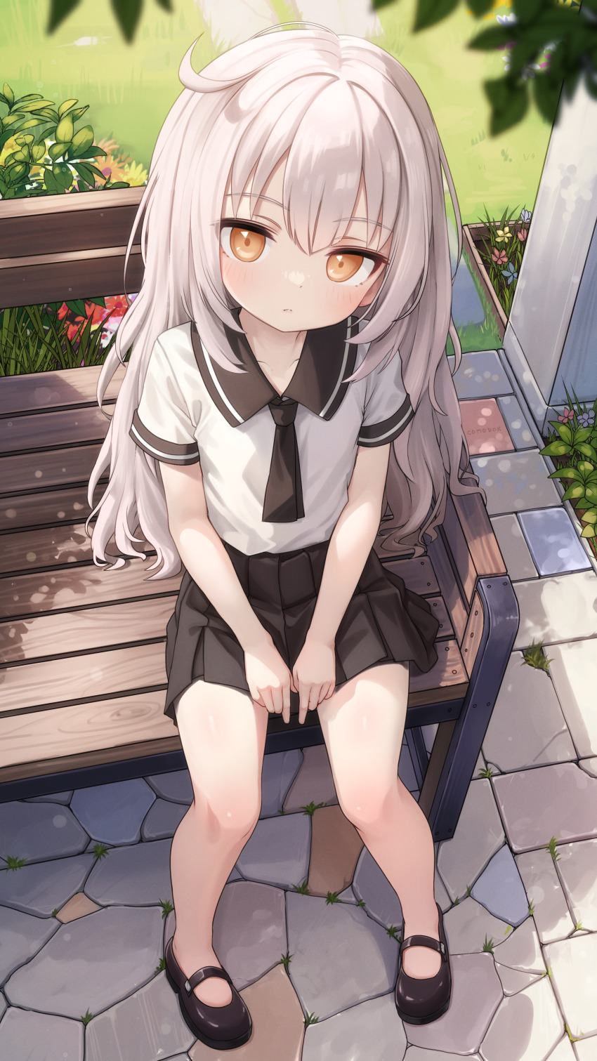 1girl absurdres bench black_shoes black_skirt closed_mouth commentary comodox english_commentary from_above highres la_aong_(comodox) long_hair looking_at_viewer mary_janes miniskirt orange_eyes original outdoors paid_reward_available park_bench pleated_skirt shirt shoes short_sleeves sitting skirt solo variant_set white_hair white_shirt