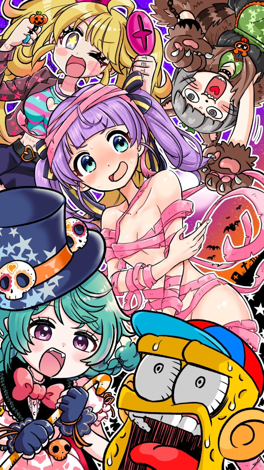 1boy 4girls :3 @_@ ahoge animal_ears animal_hands animal_nose apron bandages baseball_cap blonde_hair blue_eyes blue_gloves blue_hat blunt_bangs blush blush_stickers bow bowtie braid breasts bulging_eyes cane cleavage colored_skin commentary_request crop_top cropped_shirt cuffs dress embarrassed fake_human_ears finger_tattoo fingerless_gloves gloves green_apron green_hair grey_eyes grey_hair hair_ribbon halloween halloween_costume hands_up hat heart heart_in_mouth highres holding holding_cane hoshizaki_tia indie_virtual_youtuber jewelry large_breasts long_hair looking_at_another looking_at_viewer low_twin_braids midriff mochi_hiyoko mochipro mode_aim multiple_girls multiple_rings naked_bandage nervous_sweating nose_blush object_through_head one_eye_closed open_mouth outline paw_gloves peanuts-kun pink_bow pink_bowtie pink_dress ponpoko_(vtuber) puffy_short_sleeves puffy_sleeves purple_eyes purple_hair raised_eyebrow ribbon ring saeki_yahiro screw_in_head shackles sharp_teeth shirt short_hair short_sleeves shouji_hironori small_breasts star-shaped_pupils star_(symbol) stitched_face stitched_neck stitches striped_clothes striped_headwear striped_shirt sweat symbol-shaped_pupils tattoo teeth top_hat twin_braids twintails v-shaped_eyebrows virtual_youtuber waist_apron werewolf_costume whiskers white_outline wide-eyed wolf_ears yellow_pupils yellow_skin