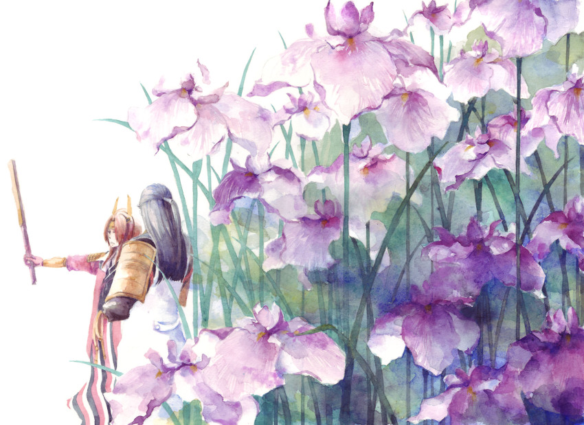 2boys flower highres iris_(flower) ishida_mitsunari_(sengoku_musou) kitsuneko_(artist) male_focus multiple_boys painting_(medium) sakon_shima_(sengoku_musou) sengoku_musou shima_sakon_(sengoku_musou) traditional_media watercolor_(medium)