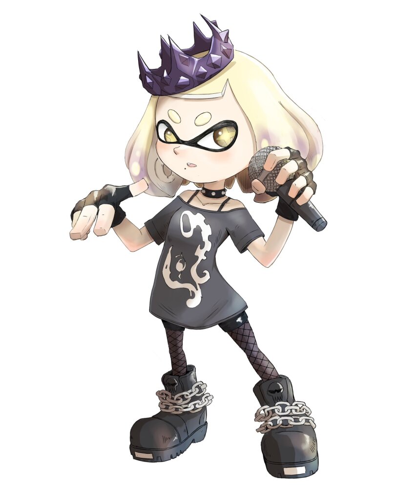 1girl black_collar black_gloves black_shirt black_shoes chain collar collarbone commentary_request crown fingerless_gloves fishnet_pantyhose fishnets full_body gloves gradient_hair highres holding holding_microphone inkling medium_hair microphone mole mole_under_mouth multicolored_hair nintendo off-shoulder_shirt off_shoulder official_alternate_costume open_mouth pantyhose pearl_(splatoon) pearl_(springfest)_(splatoon) print_shirt purple_hair shirt shoes short_eyebrows simple_background solo spiked_collar spikes splatoon_(series) splatoon_3 standing star-shaped_pupils star_(symbol) symbol-shaped_pupils tara_sli tentacle_hair thick_eyebrows two-tone_hair white_background white_hair yellow_eyes yellow_pupils