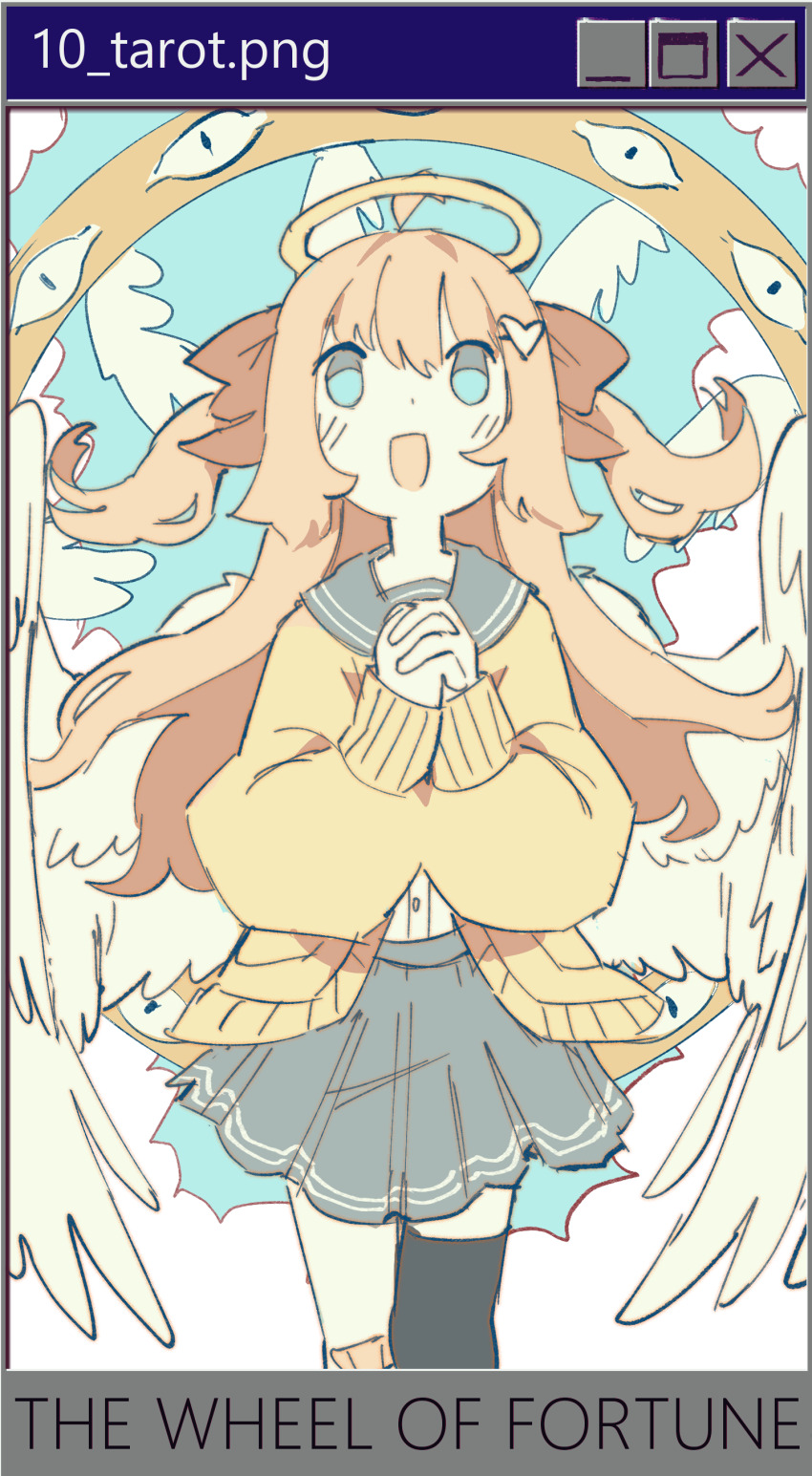 1girl absurdres biblically_accurate_angel blue_sailor_collar blue_skirt blush bow brown_hair card_(medium) cardigan cowboy_shot hair_bow halo hands_up highres indie_virtual_youtuber long_hair microsoft_windows multiple_wings neuro-sama non-web_source open_mouth own_hands_clasped own_hands_together pasharuu pleated_skirt red_bow sailor_collar seraph sidelocks skirt smile solo tarot tarot_(medium) two_side_up virtual_youtuber wheel_of_fortune_(tarot) white_wings window_(computing) windows_95 windows_classic wings yellow_cardigan