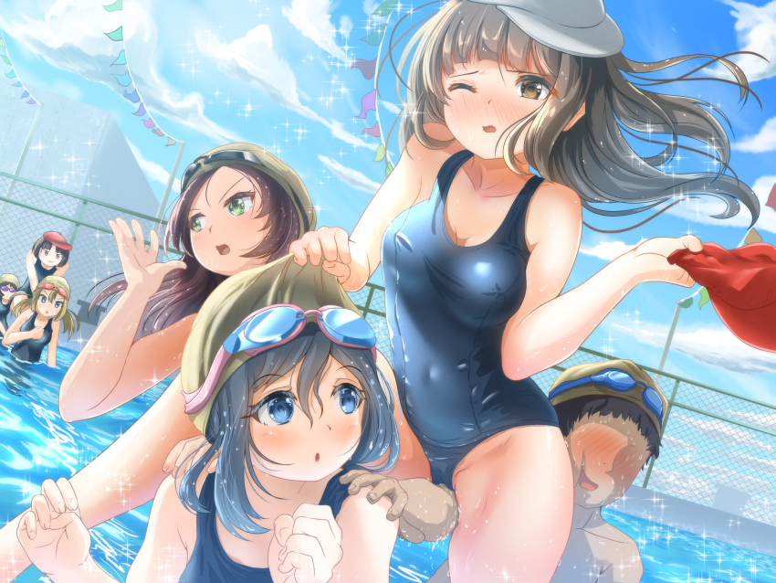 1boy 6+girls blue_eyes blush breasts brown_eyes carrying carrying_person cleavage cloud faceless faceless_male fence gluteal_fold goggles goggles_on_head green_eyes highres long_hair medium_breasts multiple_girls one-piece_swimsuit one_eye_closed open_mouth original outdoors pool school_swimsuit sky small_breasts straddling swim_cap swimming swimsuit tachiinu water
