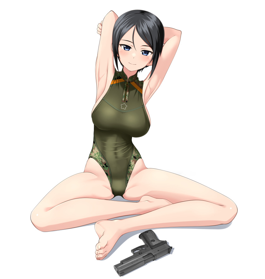 1girl absurdres armpits arms_behind_head barefoot black_eyes black_hair camouflage chouno_ami competition_swimsuit feet girls_und_panzer green_one-piece_swimsuit gun handgun highres indian_style large_variant_set looking_at_viewer one-piece_swimsuit presenting_armpit short_hair sig_p220/p226 simple_background sitting solo swept_bangs swimsuit takafumi toes turtleneck variant_set weapon white_background