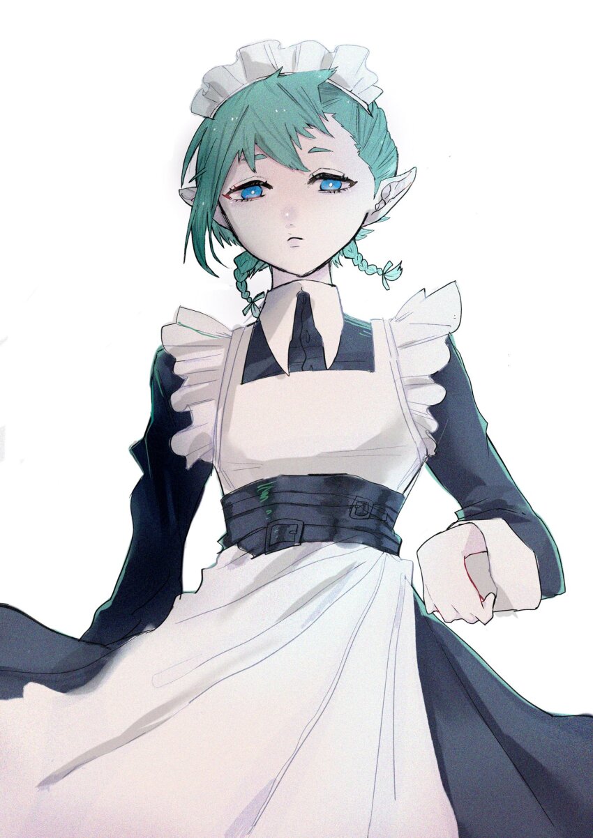 1girl alternate_costume apron black_dress blue_eyes braid collared_dress dress flat_chest frown green_hair hair_behind_ear highres macross macross_delta maid_headdress mochi_(mochigome) pointy_ears reina_prowler simple_background solo white_apron white_background