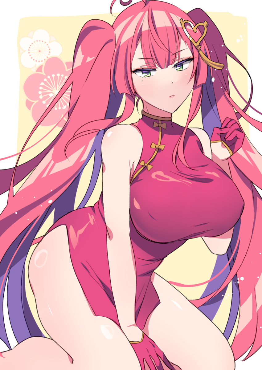 1girl ahoge breasts china_dress chinese_clothes colored_inner_hair dress floral_background gloves green_eyes hair_ornament heart heart_hair_ornament highres kneeling large_breasts lips long_hair long_twintails mahjong_fight_girl mitsumoto_dia mole mole_under_eye multicolored_hair no_panties pink_hair purple_hair red_dress red_gloves riku_(melty_drop) sleeveless sleeveless_dress solo twintails very_long_hair