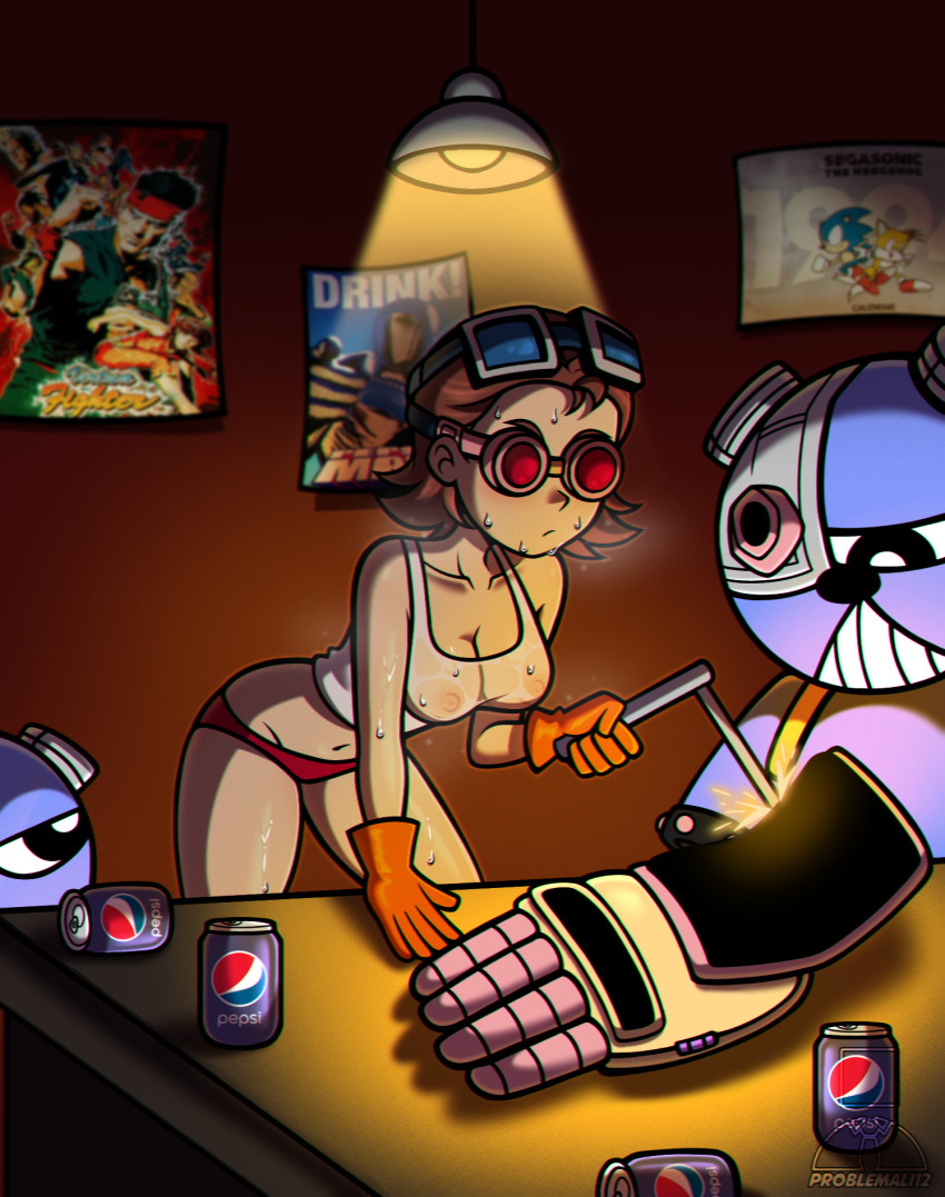 1girl artist_logo artist_name bent_over blowtorch breasts brown_hair can ceiling_light desk drink_can emi_(fighting_vipers) english_text female_focus fighting_vipers fighting_vipers_2 frown gauntlets gloves goggles goggles_on_eyes goggles_on_head headgear leaning_forward logo mechanical_hands navel orange_gloves panties pepsi pepsiman poster_(object) problemali12 red_panties see-through_clothes see-through_shirt sega shirt short_hair single_mechanical_hand soda_can solo sonic_(series) sonic_the_hedgehog stomach stuffed_animal stuffed_toy sweat tails_(sonic) teddy_bear underwear virtua_fighter white_shirt yuki_akira