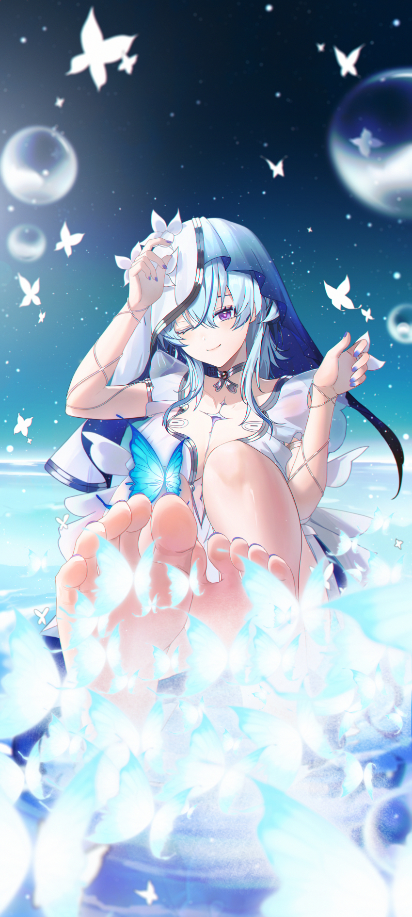 1girl absurdres barefoot blue_butterfly blue_hair blue_nails blue_veil breasts bubble bug butterfly cleavage closed_mouth collarbone commentary_request dress feet feet_up foot_focus hair_between_eyes hand_up highres insect large_breasts liangji_uu looking_at_viewer medium_hair nail_polish one_eye_closed partial_commentary purple_eyes reflection reflective_water ripples shorekeeper_(wuthering_waves) sidelocks sitting smile soles solo tacet_mark_(wuthering_waves) toenail_polish toenails toes too_many too_many_butterflies two-tone_veil veil white_butterfly white_dress white_veil wuthering_waves