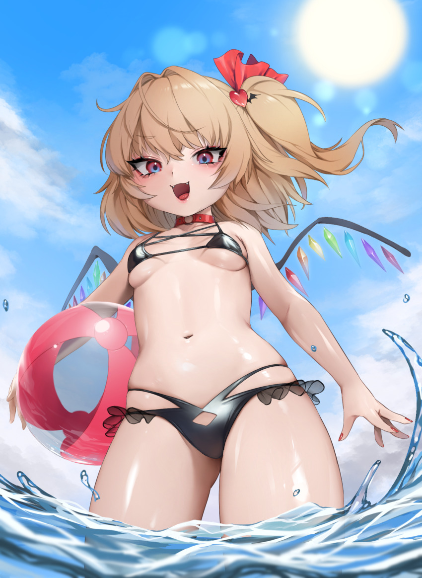 1girl ball bare_arms bare_shoulders beachball bikini bitaro black_bikini blue_sky blush breasts day eyelashes eyeliner eyeshadow fangs flandre_scarlet floating_hair hair_between_eyes hair_ornament hair_ribbon heart heart_hair_ornament highres holding long_hair looking_at_viewer makeup micro_bikini nail_polish navel open_mouth outdoors red_eyes red_nails red_ribbon ribbon shiny_skin sky small_breasts smile solo splashing standing stomach summer sun swimsuit touhou transparent underboob wading water wings