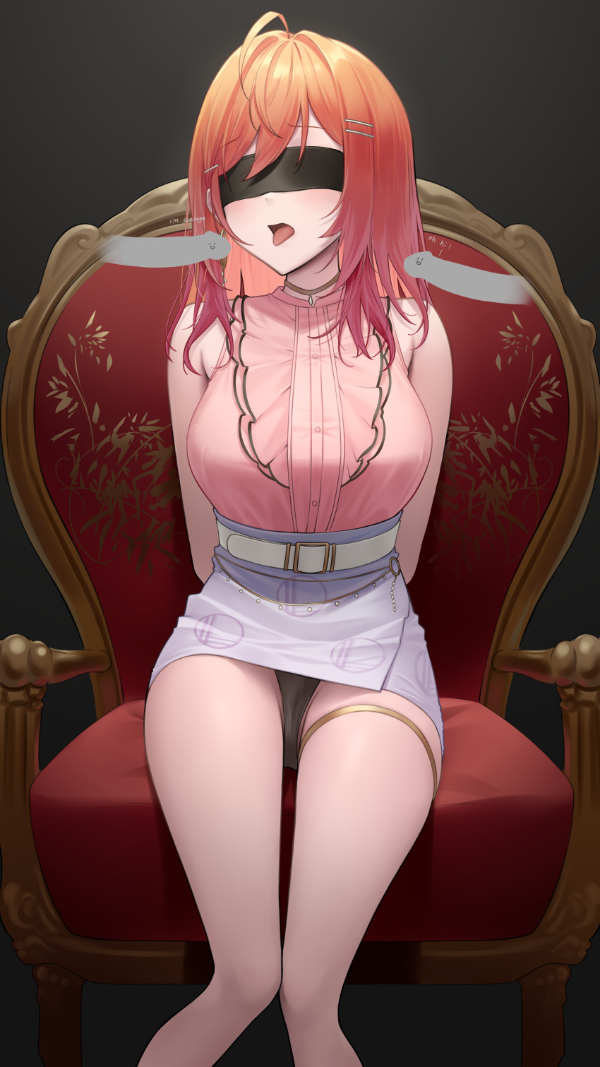1girl absurdres ahoge belt black_background black_blindfold black_panties blindfold blush breasts censored center_frills commentary earrings english_commentary food frills gradient_hair hair_ornament hairclip highres hololive hololive_dev_is ichijou_ririka ichijou_ririka_(1st_costume) jewelry knees_together_feet_apart large_variant_set long_hair miniskirt multicolored_hair on_chair open_mouth orange_hair panties pantyshot pencil_skirt pink_hair pink_shirt purple_skirt saliva saliva_trail sexually_suggestive shirt shirt_tucked_in simple_background sitting skirt sleeveless sleeveless_shirt solo somebody_(leiking00) steak stream swept_bangs tongue tongue_out underwear variant_set virtual_youtuber white_belt