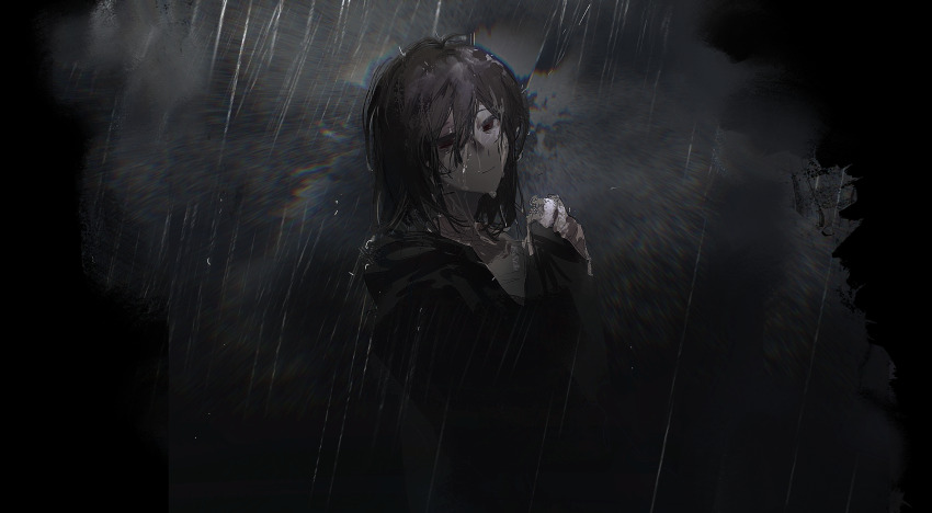 1boy black_background black_jacket brown_hair chinese_commentary closed_mouth commentary_request dark hair_between_eyes heibaihuabing highres hood hood_down hooded_jacket isoi_haruki jacket long_sleeves male_focus medium_hair outdoors rain red_eyes saibou_shinkyoku solo upper_body wet