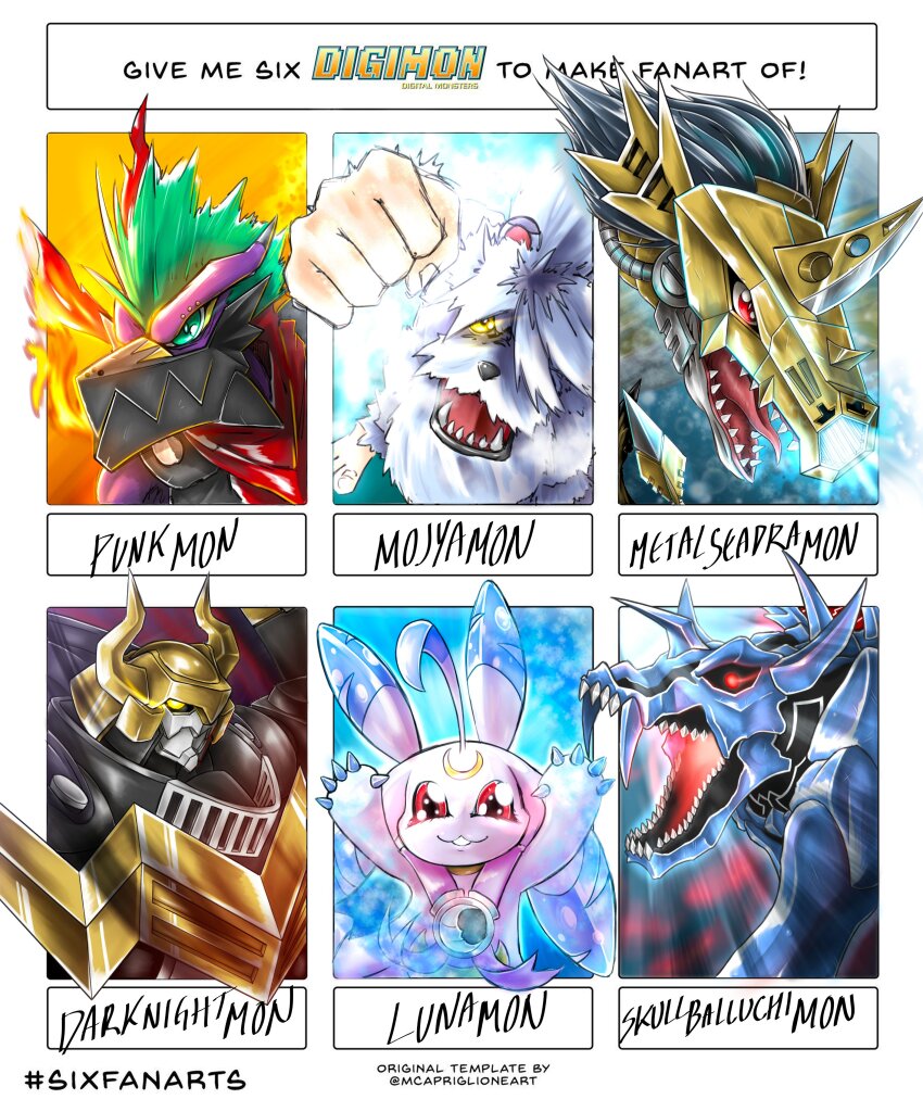 absurdres colored_sclera crescent_moon darkknightmon digimon digimon_(creature) dramonbt fire green_eyes highres horns lunamon metalseadramon mojyamon moon no_pupils punkmon red_eyes sharp_teeth skull skullbaluchimon smile teeth white_fur yellow_sclera