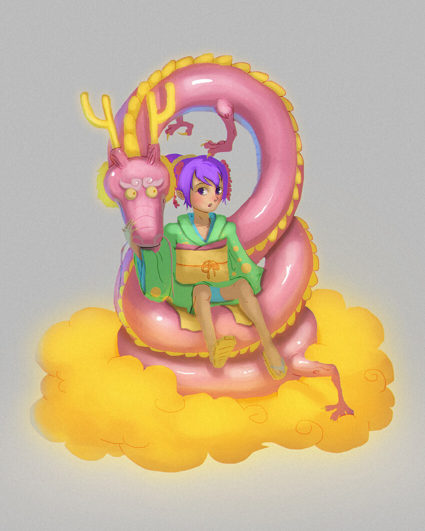 1boy 1girl alternate_form black_eyes blush claws cloud commentary dragon_boy english_commentary full_body green_kimono hair_bun hair_ornament highres horns infjape japanese_clothes kimono kouzuki_momonosuke kurozumi_tama long_sleeves one_piece open_mouth purple_hair sandals simple_background single_hair_bun sitting yellow_clouds yellow_horns