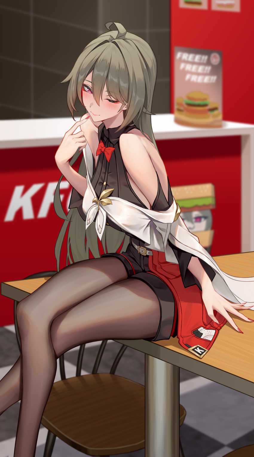 1girl absurdres ahoge alternate_costume bare_shoulders black_pantyhose black_shirt black_shorts blush bow bowtie breasts chinese_commentary closed_mouth commentary_request crossed_legs finger_to_mouth green_hair hair_between_eyes high-waist_shorts highres honkai_(series) honkai_impact_3rd indoors kfc large_breasts long_hair looking_at_viewer nail_polish on_table one_eye_closed pantyhose pantyhose_under_shorts pink_eyes red_bow red_bowtie red_nails ruo_zhishi_chu_jian shirt shorts sitting smile solo table very_long_hair vita_(honkai_impact) vita_(kfc)_(honkai_impact)