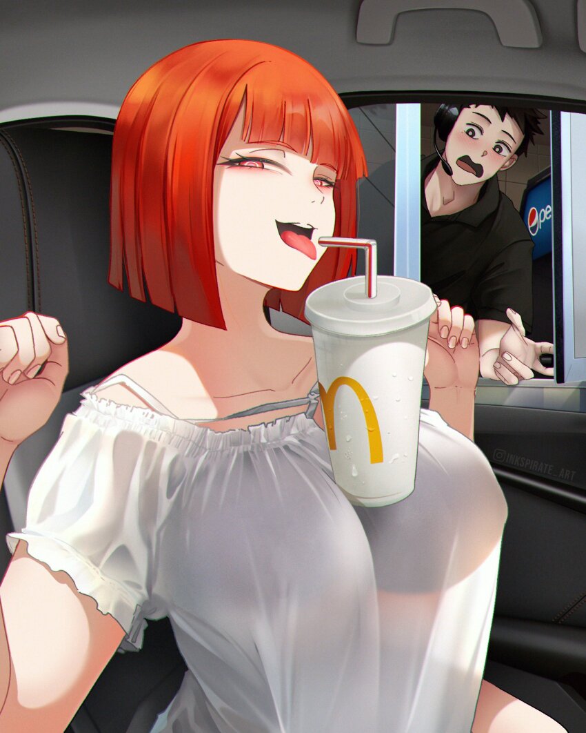 1boy 1girl backlighting black_shirt blush bob_cut breasts car car_interior commentary cup disposable_cup dress drive-thru employee_uniform english_commentary fast_food_uniform father_(yoru_mac) hands_up highres husband_and_wife inkspirate large_breasts looking_at_another looking_at_viewer mcdonald&#039;s mother_(yoru_mac) motor_vehicle naughty_face open_mouth orange_hair pepsi red_eyes ringed_eyes see-through_clothes see-through_dress see-through_silhouette shirt sitting smile tongue tongue_out vehicle_interior white_dress yoru_mac