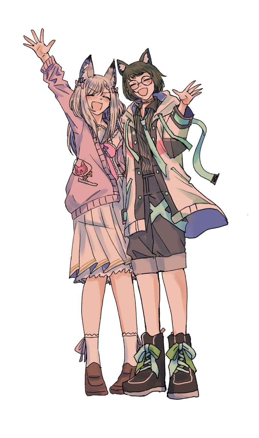 2girls :d amaotome animal_ear_fluff animal_ears animare black-framed_eyewear black_footwear black_shirt black_shorts blush boots bow brown_footwear candy cardigan closed_eyes collared_shirt dress food footwear_bow full_body glasses green_bow grey_hair hair_bow hashiba_natsumi_(animare) highres jacket lollipop multiple_girls nanashi_inc. open_clothes open_jacket open_mouth pink_cardigan pocket round_eyewear shiny_skin shiromiya_mimi shirt short_hair shorts simple_background smile standing striped_clothes striped_shirt v-shaped_eyebrows vertical-striped_clothes vertical-striped_shirt virtual_youtuber waving white_background white_dress white_jacket
