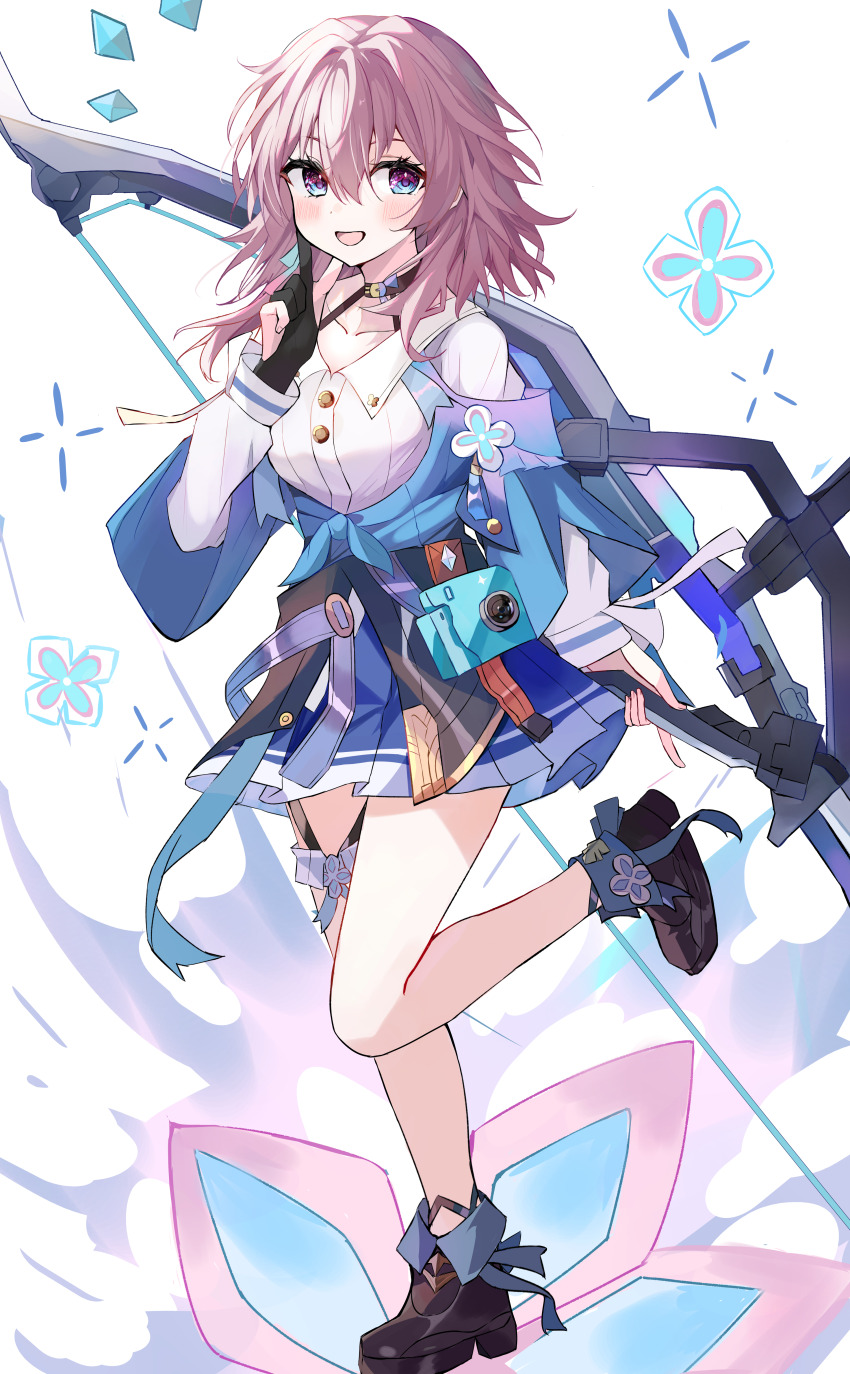 1girl absurdres archery_shooting_glove black_boots black_choker black_gloves blue_boots blue_eyes blue_jacket blue_skirt blush boots bow_(weapon) breasts camera choker collarbone commentary_request crystal finger_to_cheek flowle_ow0 full_body gloves hair_between_eyes hand_up highres holding holding_behind_back holding_bow_(weapon) holding_weapon holding_weapon_behind_back honkai:_star_rail honkai_(series) jacket long_sleeves looking_at_viewer march_7th_(honkai:_star_rail) march_7th_(preservation)_(honkai:_star_rail) medium_breasts medium_hair multicolored_boots multicolored_eyes open_mouth partially_fingerless_gloves pink_eyes pink_hair shirt single_glove skirt solo standing standing_on_one_leg tied_jacket two-tone_boots two-tone_eyes weapon white_background white_shirt
