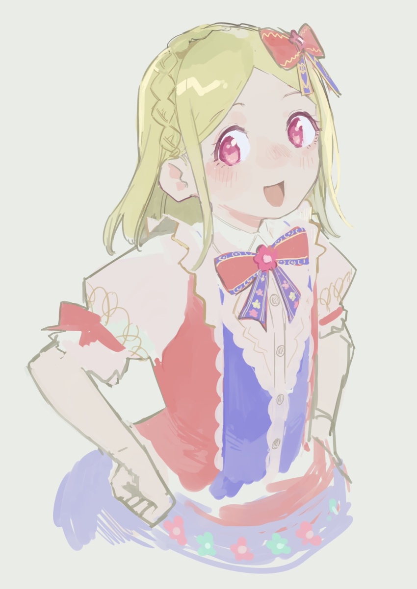 1girl :d bad_id bad_twitter_id blonde_hair bow braid commentary_request crown_braid grey_background hair_bow hands_on_own_hips highres kemura_(puripurinea) long_hair looking_at_viewer midorikaze_fuwari open_mouth pink_eyes pretty_series pripara puffy_short_sleeves puffy_sleeves red_bow short_sleeves simple_background smile solo swept_bangs upper_body