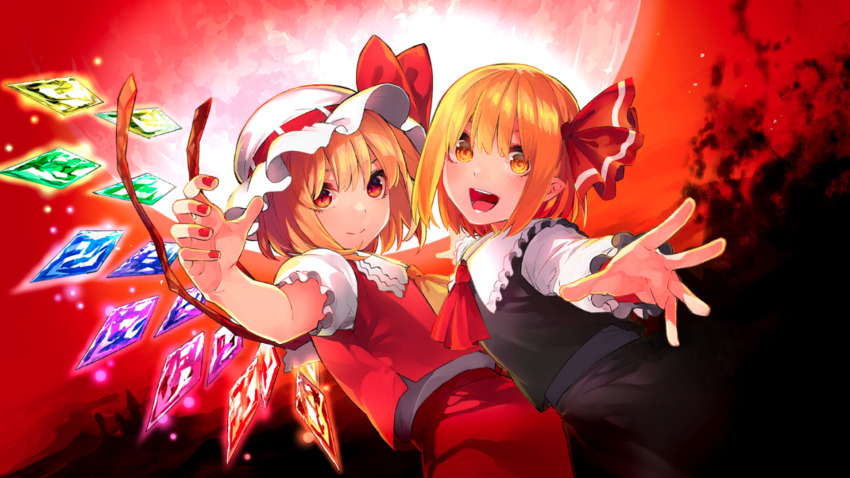 2girls ascot black_skirt black_vest blonde_hair closed_mouth collared_shirt commentary_request crystal crystal_wings darkness flandre_scarlet frilled_shirt_collar frills full_moon game_cg hair_ribbon haruba_negi hat highres long_sleeves looking_at_viewer mob_cap moon multicolored_wings multiple_girls official_art open_mouth puffy_short_sleeves puffy_sleeves red_ascot red_eyes red_moon red_nails red_ribbon red_skirt red_sky red_vest ribbon rumia shirt short_sleeves skirt skirt_set sky smile third-party_source touhou touhou_danmaku_kagura vest white_hat white_shirt wings yellow_ascot