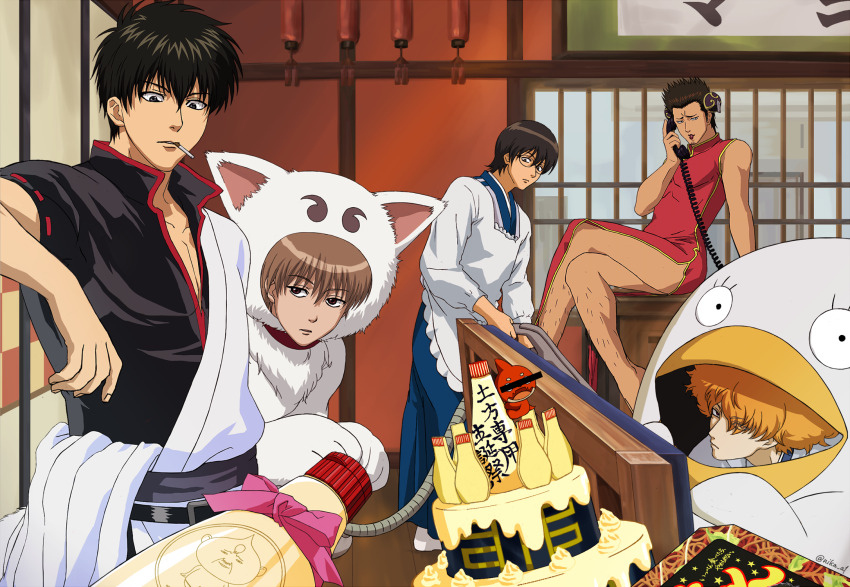 5boys animal_costume anime_coloring black_hair bow brown_hair cake china_dress chinese_clothes cigarette collar cosplay crossed_legs dress elizabeth_(gintama) elizabeth_(gintama)_(cosplay) food gintama hadanugi_dousa highres hijikata_toushirou holding holding_phone indoors japanese_clothes kagura_(gintama) kagura_(gintama)_(cosplay) kimono kondou_isao leg_hair male_focus mayonnaise multiple_boys nika_a1 okita_sougo open_clothes open_kimono orange_hair phone pink_bow popped_collar red_collar red_dress sadaharu sadaharu_(cosplay) saitou_shimaru sakata_gintoki sakata_gintoki_(cosplay) shimura_shinpachi shimura_shinpachi_(cosplay) shinsengumi_(gintama) yamazaki_sagaru