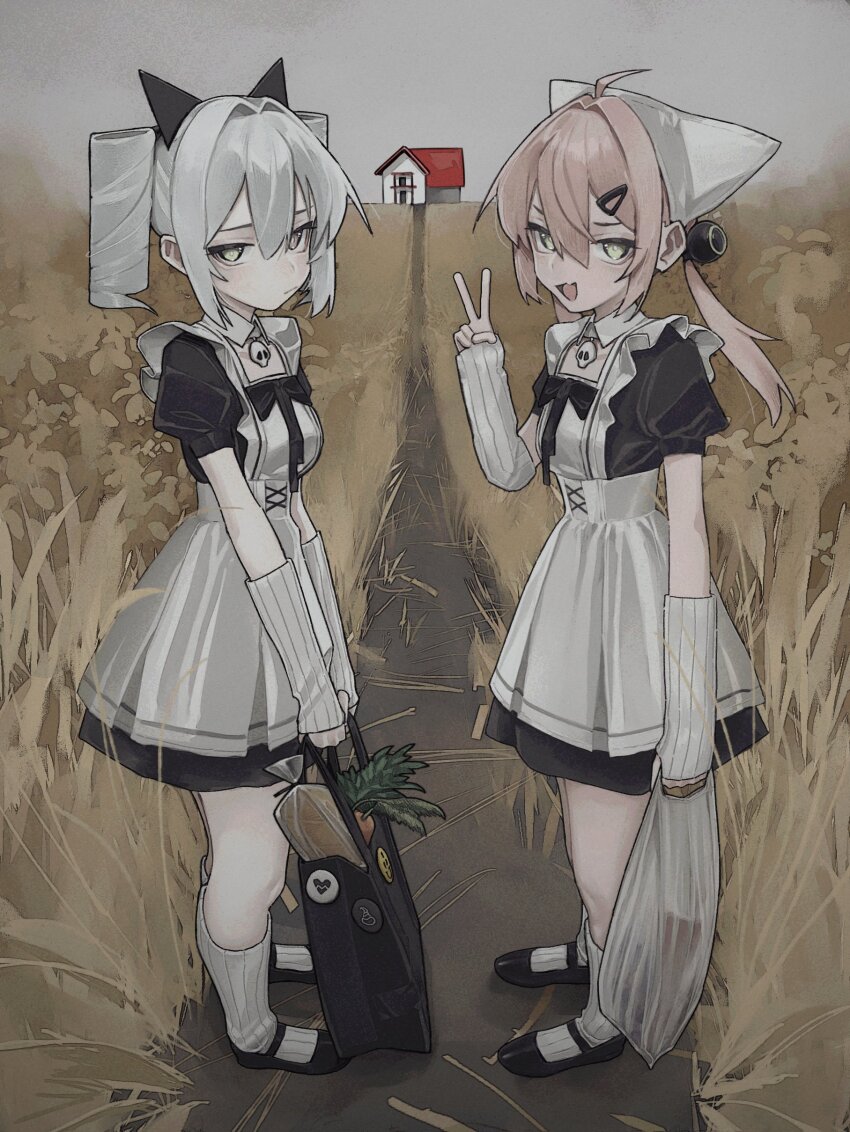 2girls absurdres ahoge apron arm_warmers breasts brown_eyes dress drill_hair field frilled_dress frills green_eyes grey_hair heterochromia highres long_hair looking_at_viewer maid maid_apron multiple_girls neon_(saaal653) open_mouth original pink_hair saaal653 shoes small_breasts socks standing twin_drills twintails v white_socks xenon_(saaal653)