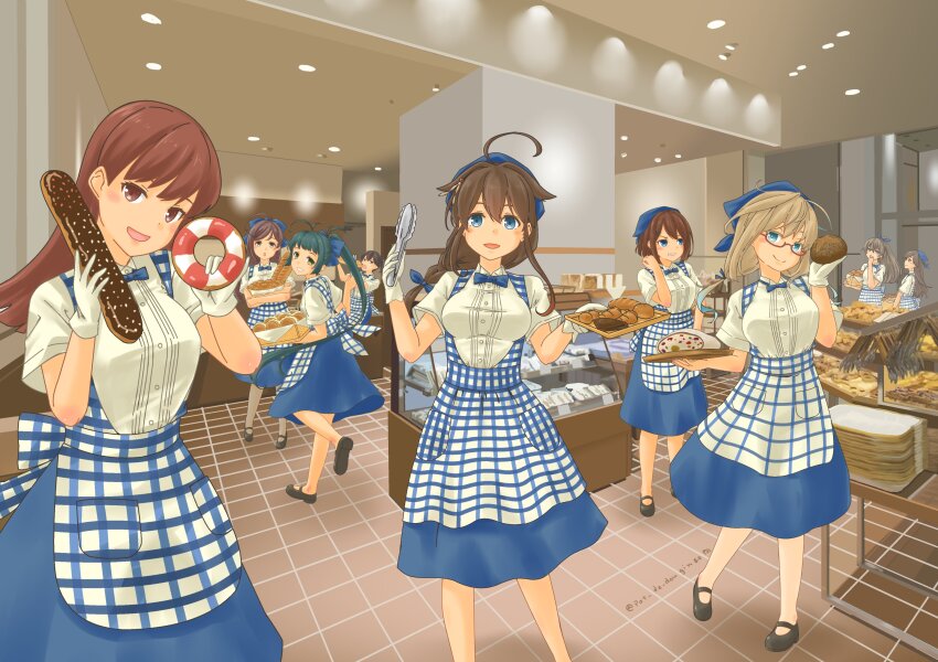 6+girls absurdres alternate_costume apron arashio_(kancolle) artist_name baguette blonde_hair blue_eyes blue_skirt braid bread brown_eyes brown_hair donut dress employee_uniform food glasses hair_ribbon hashtag-only_commentary highres holding holding_tray i-8_(kancolle) irako_(kancolle) kaga_(kancolle) kantai_collection kobeya kobeya_uniform kumano_(kancolle) mamiya_(kancolle) maya_(kancolle) multiple_girls ooi_(kancolle) pot-de ribbon shigure_(kancolle) single_braid skirt smile tray