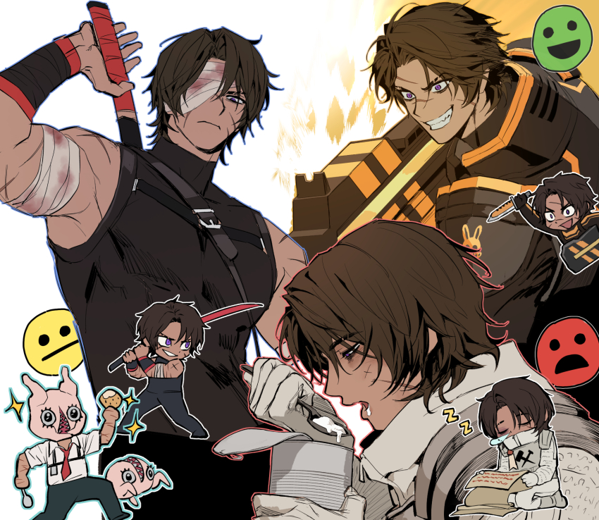 1boy angry artist_request bandage_over_one_eye bandaged_arm bandages black_shirt bodysuit bongy_(project_moon) brown_hair can dark_skin eating eyebrow_cut facial_scar food frown gun happy heathcliff_(project_moon) highres holding holding_gun holding_spoon holding_sword holding_weapon limbus_company male_focus messy_hair muscular muscular_male n._corp_(identity)_(project_moon) n_corp._fanatic_(identity)_(project_moon) project_moon purple_eyes r_corp._(identity)_(project_moon) sad scar scar_on_arm scar_on_cheek scar_on_face sheath shi_association_south_uniform shirt sleeveless sleeveless_shirt smile source_request spoon sword unsheathing weapon