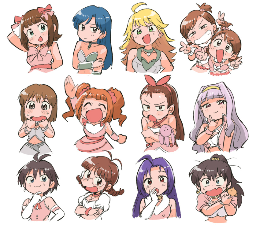 6+girls ahoge akizuki_ritsuko amami_haruka antenna_hair arm_up black_hair blonde_hair blue_hair blush bow brilliant_pearl_(idolmaster) brown_eyes brown_hair closed_eyes closed_mouth cool_&amp;_sexy_(idolmaster) cropped_torso crossed_arms cute_&amp;_girly_(idolmaster) deformed double_v dress earrings elbow_gloves everyone fang fur-trimmed_dress fur_trim futami_ami futami_mami ganaha_hibiki glasses gloves green_eyes grey_hair grin hagiwara_yukiho hair_bow hair_ornament hair_scrunchie hairband hamster hamuzou hand_to_own_mouth holding holding_own_arm holding_stuffed_toy hoop_earrings hoshii_miki idolmaster idolmaster_(classic) idolmaster_1 jewelry kikuchi_makoto king_of_pearl_360_(idolmaster) kisaragi_chihaya long_hair looking_at_viewer minase_iori miura_azusa multiple_girls open_mouth orange_hair pink_bow pink_dress pink_hairband ponytail purple_eyes scrunchie shijou_takane short_hair side_ponytail simple_background skin_fang smile snow_strawberry_(idolmaster) strapless strapless_dress stuffed_animal stuffed_rabbit stuffed_toy takatsuki_yayoi tears tsubobot twintails usa-chan_(idolmaster) v white_background white_gloves yellow_hairband