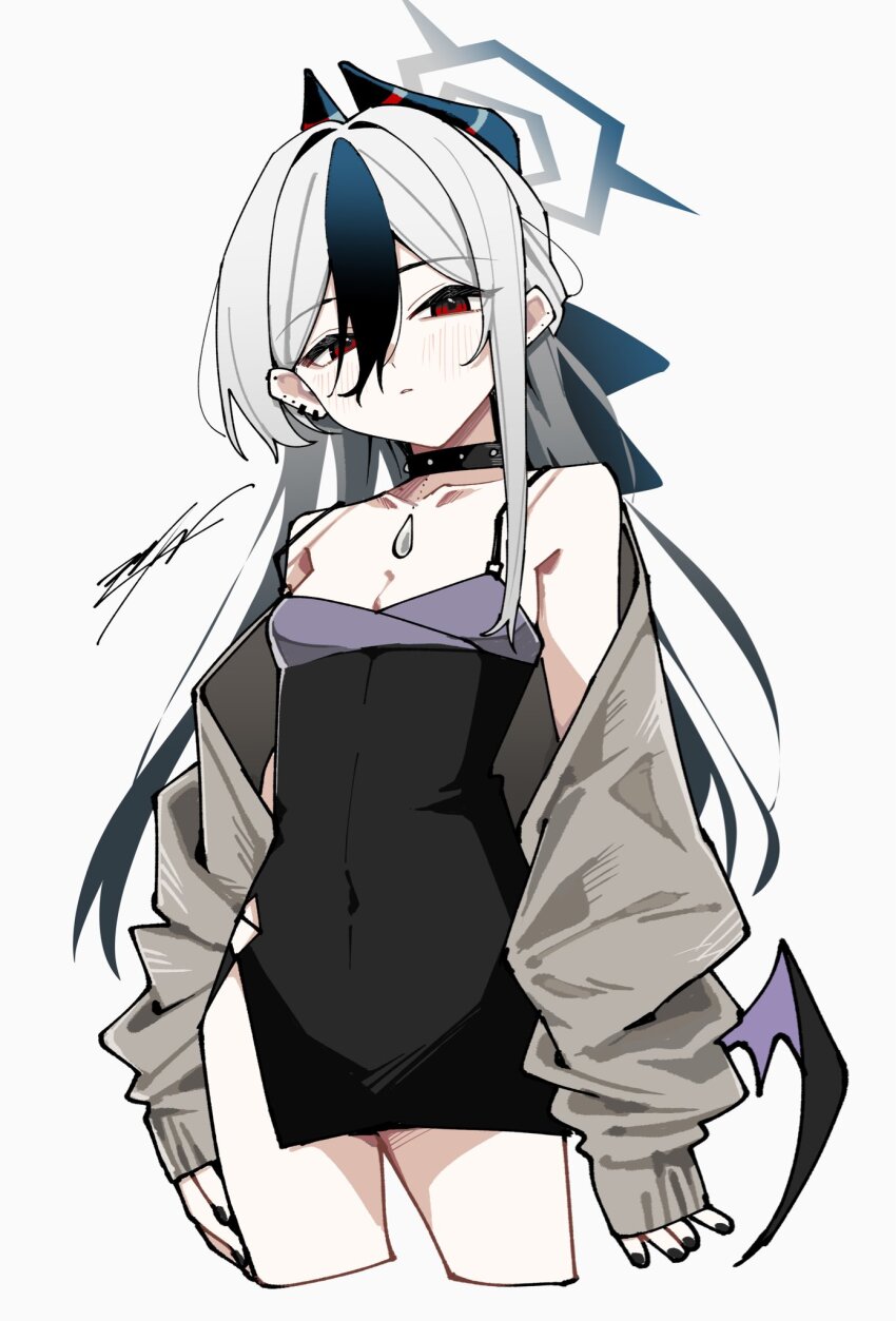 1girl bare_shoulders black_choker black_dress black_hair black_halo black_horns black_nails black_wings blue_archive breasts choker closed_mouth collarbone covered_navel demon_horns demon_wings diamond_necklace dress ear_piercing evening_gown grey_jacket hair_between_eyes halo highres horns jacket kayoko_(blue_archive) kayoko_(dress)_(blue_archive) long_hair long_sleeves looking_at_viewer multicolored_hair nail_polish off_shoulder official_alternate_costume official_alternate_hairstyle oomori_(kswmr) open_clothes open_jacket piercing purple_wings red_eyes simple_background single_wing sleeves_past_wrists small_breasts solo studded_choker two-tone_hair white_background white_hair wings