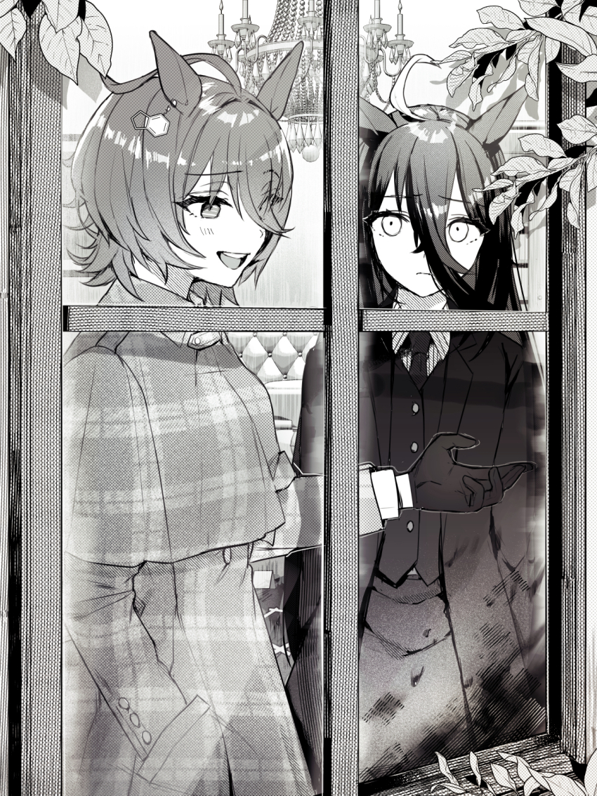 2girls agnes_tachyon_(umamusume) ahoge alternate_costume animal_ears capelet chandelier closed_mouth coat earrings gloves greyscale hair_between_eyes hand_in_pocket highres horse_ears horse_girl jewelry long_hair long_sleeves looking_at_another manhattan_cafe_(umamusume) monochrome multiple_girls necktie nochatea open_mouth short_hair single_earring umamusume vest window