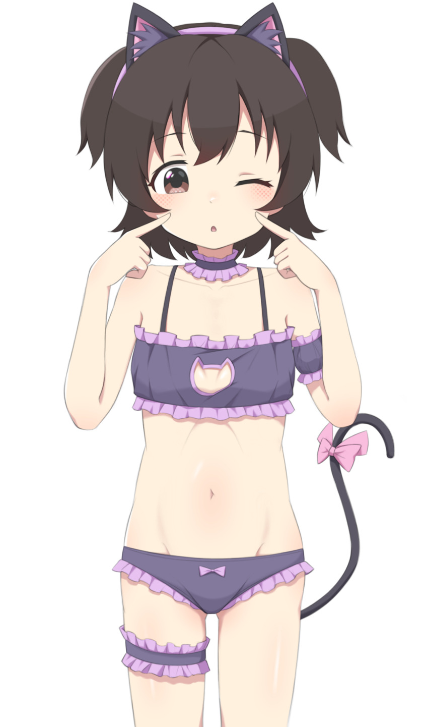 1girl absurdres akagi_miria animal_ears bad_tag bra brown_eyes brown_hair cat_lingerie cat_tail choker fake_animal_ears fake_tail female_focus flat_chest highres idolmaster idolmaster_cinderella_girls idolmaster_cinderella_girls_u149 legs lingerie loli mooramango navel one_eye_closed panties short_twintails solo standing stomach tail thigh_strap thighs twintails underwear white_background