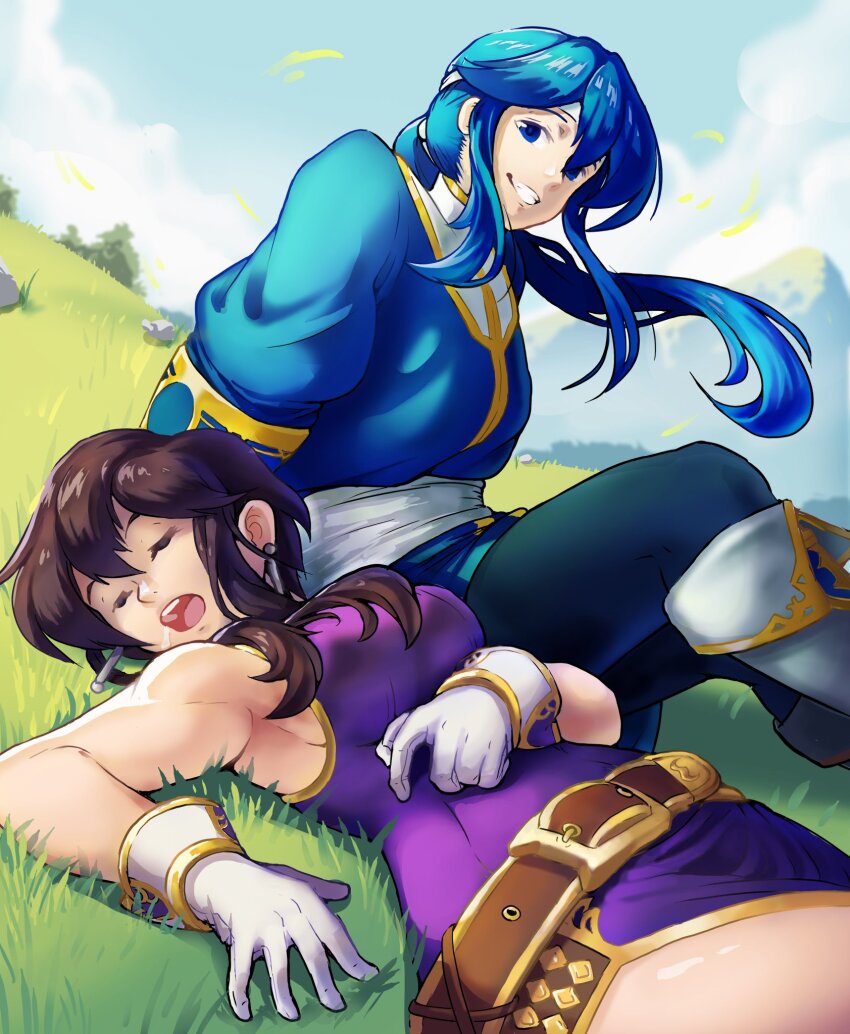 1boy 1girl arm_support armpits belt black_hair blue_hair boots breasts closed_eyes commission commissioner_upload day drooling earrings fire_emblem fire_emblem:_genealogy_of_the_holy_war gloves grass headband highres jewelry larcei_(fire_emblem) long_hair looking_at_viewer lounaimm lying nintendo on_back on_grass outdoors pants ponytail purple_tunic seliph_(fire_emblem) short_hair sideboob sidelocks sitting sky sleeping sleeveless smile thighs tree tunic white_headband