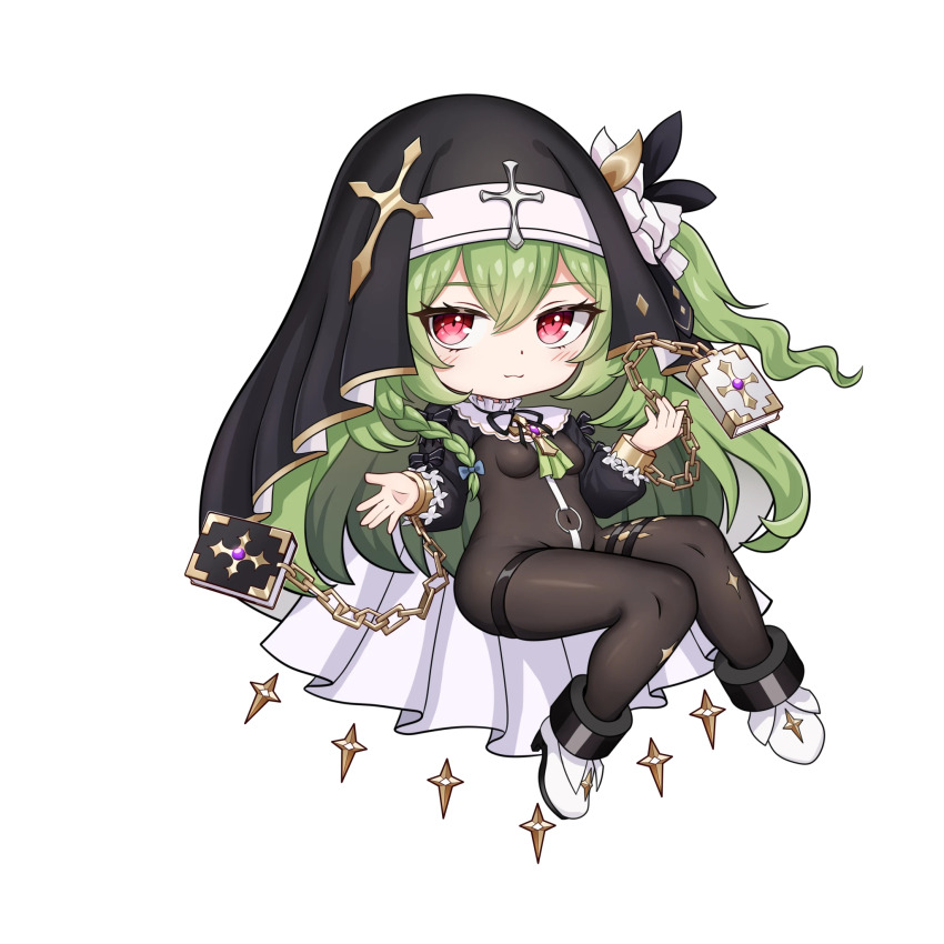 1girl artist_request blush bodystocking book boots braid breasts chain chibi commission cross cuffs fang flower full_body green_hair hair_between_eyes hands_up highres huanxiang_koudai_meow long_hair long_sleeves nun offering_hand original puffy_long_sleeves puffy_sleeves red_eyes second-party_source shackles simple_background sitting solo thigh_strap transparent_background variant_set veil very_long_hair white_boots white_flower