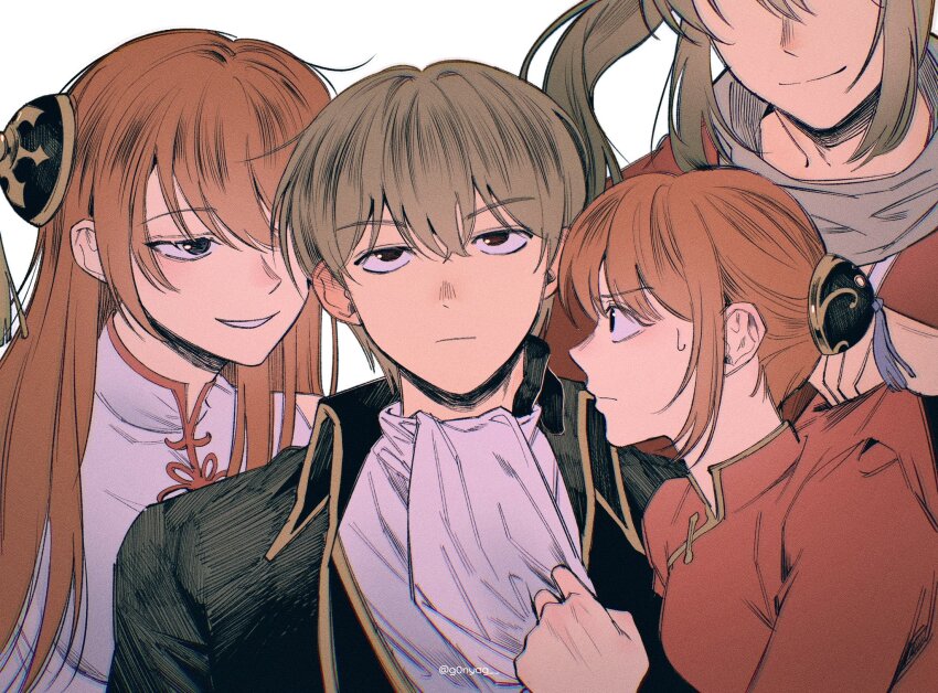 2boys 2girls aged_up ascot black_jacket brown_hair bun_cover china_dress chinese_clothes dress dual_persona g0nyag gintama gintama_movie_2:_yorozuya_yo_eien_nare grey_scarf hair_bun highres jacket kagura_(gintama) long_hair multiple_boys multiple_girls official_alternate_costume okita_sougo orange_hair red_dress scarf short_hair smile smirk sweatdrop teeth time_paradox upper_body white_ascot white_background white_dress