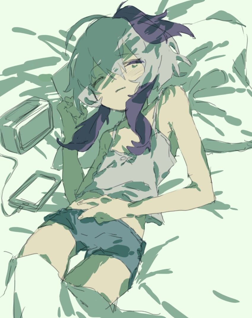 ahoge androgynous bed_sheet boyshort_panties edge_0605 flat_chest flower_(gynoid_talk) flower_(vocaloid) hand_on_own_stomach highres korean_commentary lying multicolored_hair on_back on_bed phone pillow purple_hair short_hair_with_long_locks short_shorts shorts sleeping spaghetti_strap streaked_hair teardrop tomboy two-tone_hair vocaloid white_hair