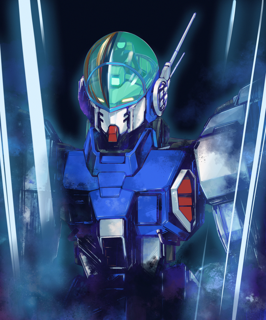 aaaaaaak aoki_ryuusei_spt_layzner canopy cropped_torso highres layzner looking_ahead mecha mecha_focus radio_antenna robot science_fiction silhouette solo space upper_body yellow_eyes