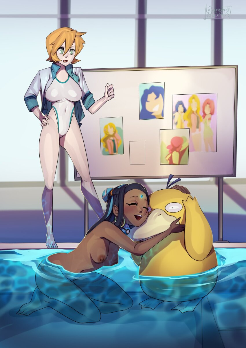 2girls arms_up barefoot black_hair blonde_hair blue_hair breasts casual casual_nudity closed_eyes clothed_female_nude_female competition_swimsuit completely_nude covered_navel daisy_(pokemon) dark-skinned_female dark_skin earrings feet female_focus flower full_body gen_1_pokemon gluteal_fold green_eyes hand_on_own_hip highleg highleg_one-piece_swimsuit highres hoop_earrings hug indoors jacket jewelry keendee_miyavi kneeling large_breasts legs leotard lily_(pokemon) long_hair looking_at_another medium_breasts midriff misty_(pokemon) multicolored_hair multiple_girls navel nessa_(pokemon) nintendo nipples nude nudist one-piece_swimsuit open_mouth orange_hair photo_(object) pokemon pokemon_(anime) pokemon_(classic_anime) pokemon_hgss pokemon_swsh pool psyduck public_indecency red_hair short_hair skinny_dipping smile standing swimsuit teeth thighs toes very_long_hair violet_(pokemon) water watermark wet white_jacket window
