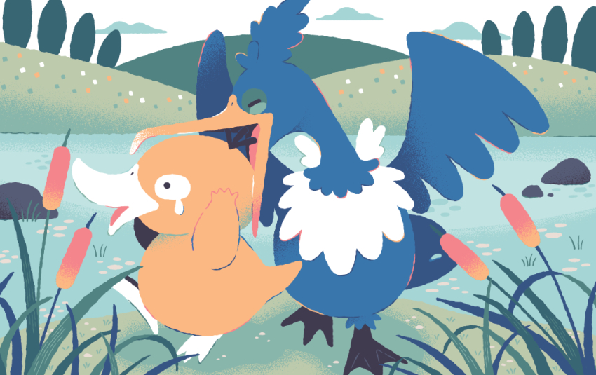 animal_focus biting_another&#039;s_head cattail commentary_request cramorant crying full_body gen_1_pokemon gen_8_pokemon green_eyes hill manami_(uovoegg) nintendo no_humans open_mouth outdoors plant pokemon pokemon_(creature) psyduck rectangular_pupils rock single_tear