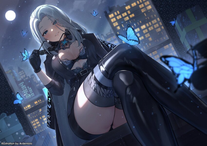 1girl absurdres ardenlolo artist_name belt black_belt black_boots black_coat black_gloves blue_butterfly blue_eyes boots bra breasts bug butterfly butterfly_choker cleavage coat coat_on_shoulders commentary commission crossed_legs earrings english_commentary feet_out_of_frame formal_clothes full_moon gloves grey_hair highres holding holding_removed_eyewear insect jewelry lace lace_bra lace_garter_belt long_hair medium_breasts monarch_(amalee) monarch_(mafia)_(amalee) moon night night_sky open_clothes open_coat panties panty_peek pencil_skirt second-party_source sitting skirt skirt_suit sky smile solo suit sunglasses teeth thigh_boots unbuttoned underwear unworn_eyewear virtual_youtuber vshojo