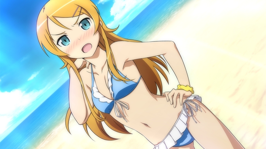 1girl :d beach bikini blue_bikini blue_eyes blue_sky blush bracelet cloud day dutch_angle frilled_bikini frills front-tie_bikini_top front-tie_top game_cg hair_ornament hairclip hand_on_own_hip horizon jewelry kousaka_kirino long_hair navel ocean official_art open_mouth orange_hair ore_no_imouto_ga_konna_ni_kawaii_wake_ga_nai outdoors scrunchie side-tie_bikini_bottom sky smile solo swimsuit wrist_scrunchie yellow_scrunchie
