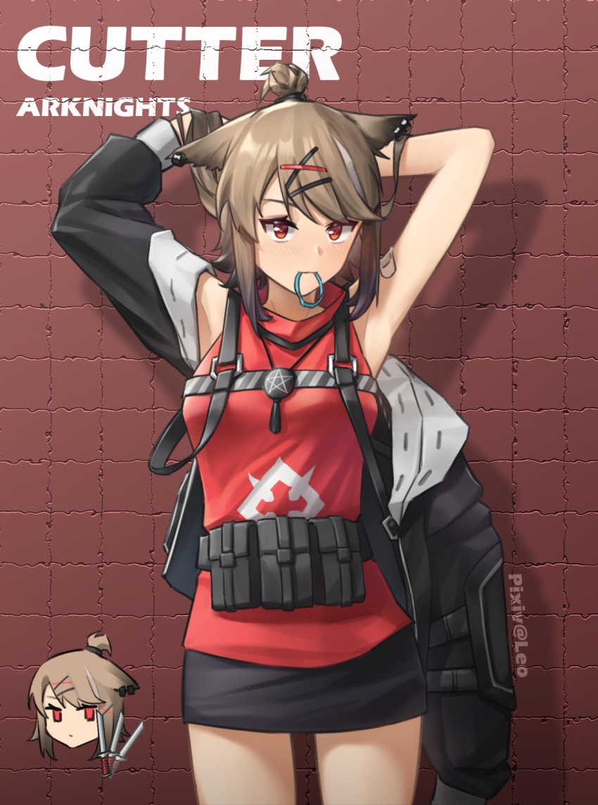 1girl animal_ears arknights armpits blush brown_hair character_name chibi closed_mouth copyright_name cowboy_shot cutter_(arknights) hair_ornament hair_tie hair_tie_in_mouth hairclip highres leo_(user_vfpk2225) light_smile looking_at_viewer mouth_hold pouch red_eyes red_shirt shadow shirt short_hair sleeveless sleeveless_shirt solo standing star_(symbol) strap topknot turtleneck turtleneck_shirt tying_hair watermark x_hair_ornament
