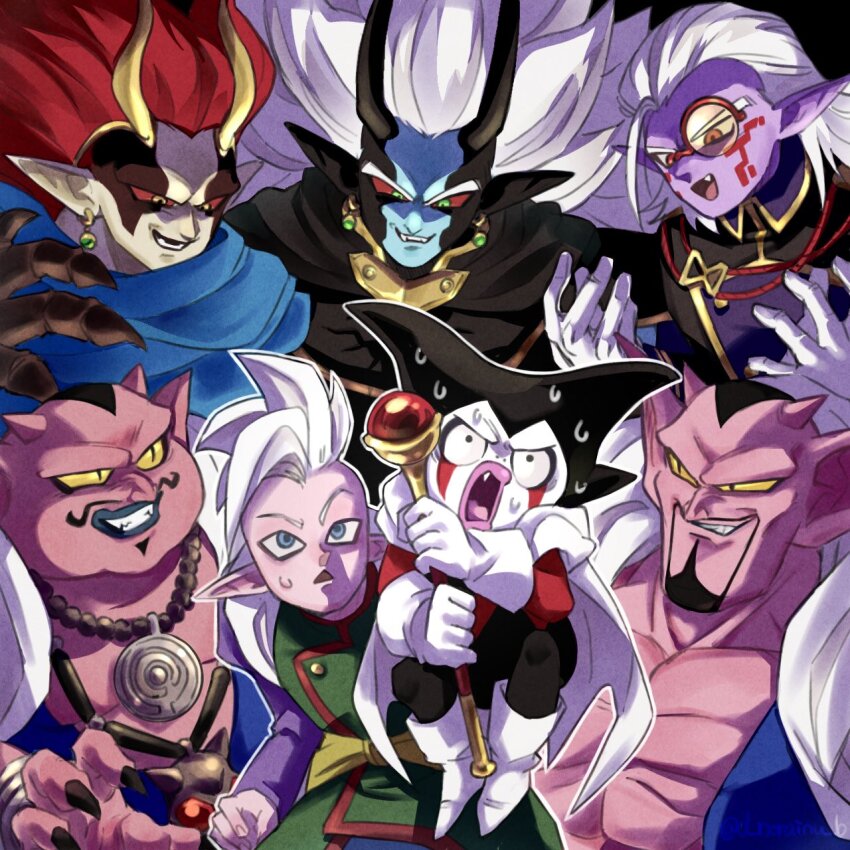 6+boys abura_(dragon_ball) blue_skin colored_sclera colored_skin d_norainu_b dabura degesu demigra dragon_ball dragon_ball_daima dragon_ball_heroes dragonball_z earrings fu_(dragon_ball) gomah_(dragon_ball) highres holding holding_staff horns jewelry long_hair mechikabura medium_hair mohawk monocle multiple_boys muscular muscular_male pink_skin pointy_ears potara_earrings purple_skin red_sclera short_hair slit_pupils staff white_hair yellow_sclera